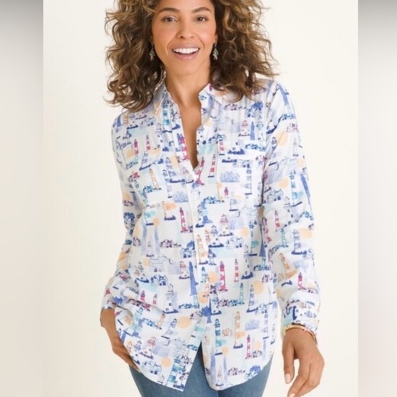 Chico's lighthouse motif button down modal blend shirt long sleeves pockets Lrg - Picture 10 of 14